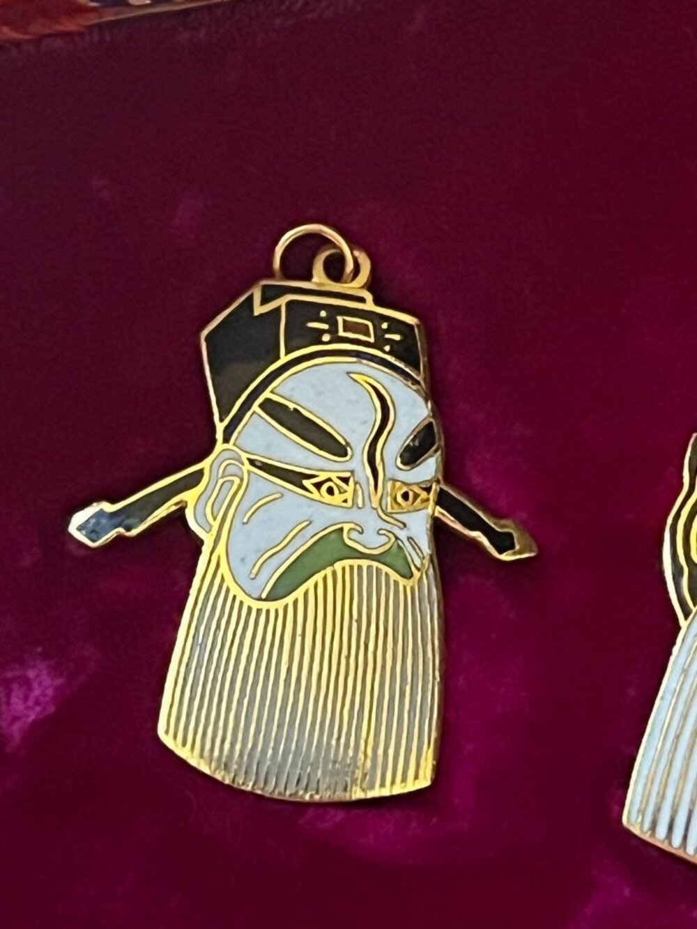 🎭Rare Vintage Enamel & Brass Chinese Opera Mask Pendant Set – Orig Brocade Box - Picture 6 of 16